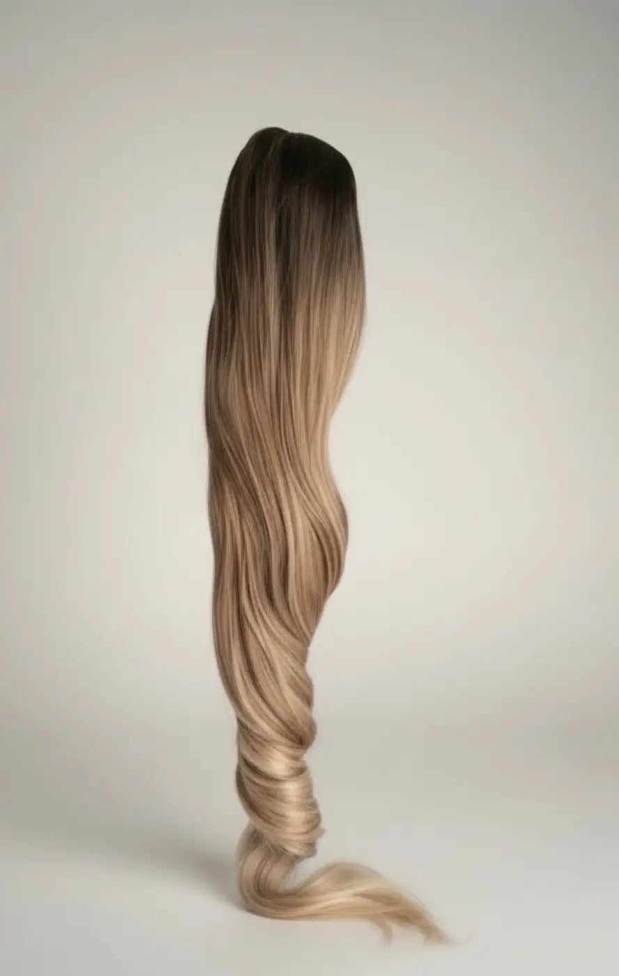 Hiuslisäke laineponnari 60cm LIUKUVÄRI,4 tummuus-beige-hiekka hainhammas kiinnitys | Hiuslisäkkeet