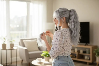 Hiuslisäke HOPEAN HARMAA kiharaponnari 38cm hainhammas kiinnityksellä | Hiuslisäkkeet
