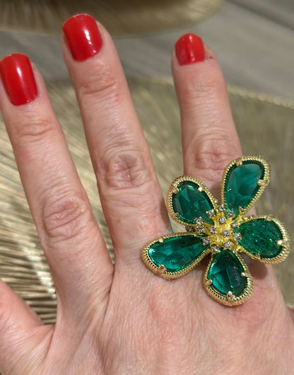 Säihkyvä kukkasormus Eini | vihreä-kulta | Sormukset